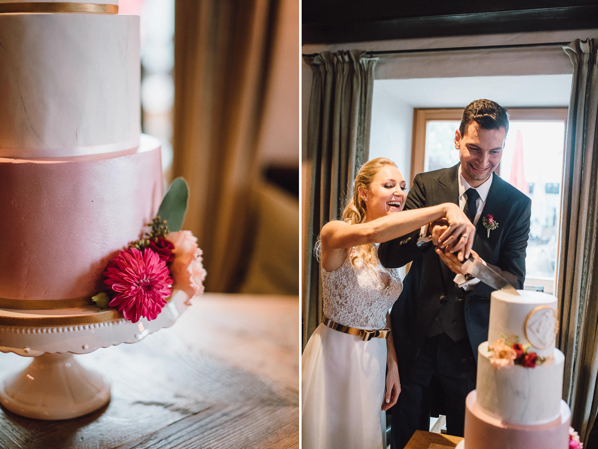 Brautpaar beim Anschneiden der Hochzeitstorte 